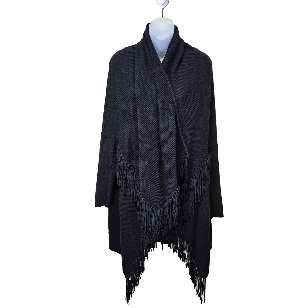 Maje Mexico Fringe Cardigan Sweater Size 2 M Suede Leather Linen Black Knit Wrap